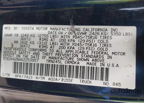 2006 Toyota Tacoma из США, поврежденный, VIN 5TEUX42N46Z253957